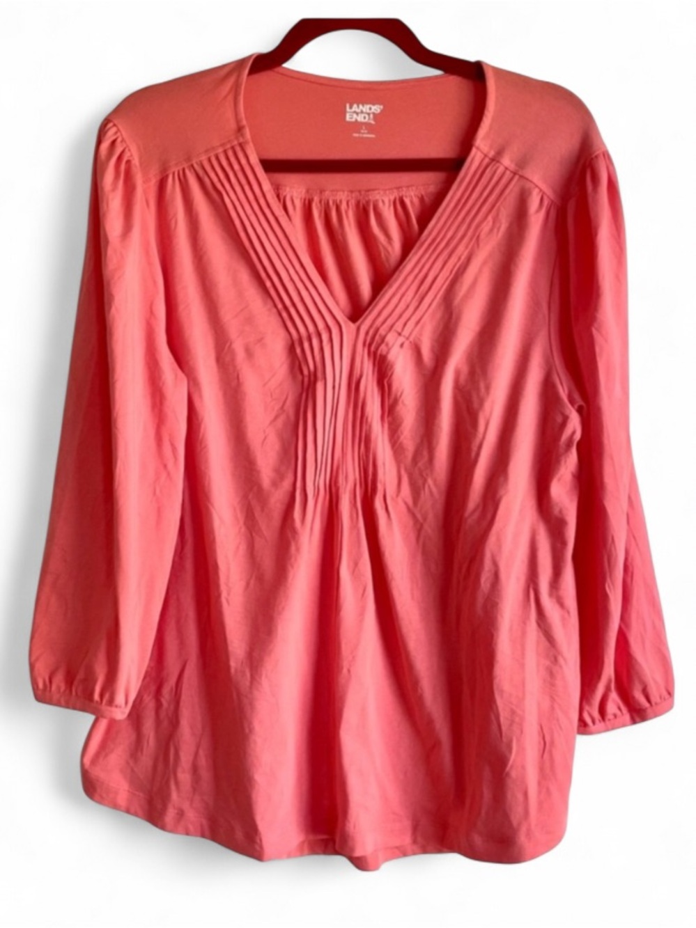 Lands' End Orange Pintuck Front 3/4 Sleeve Cotton Peasant Blouse Size L